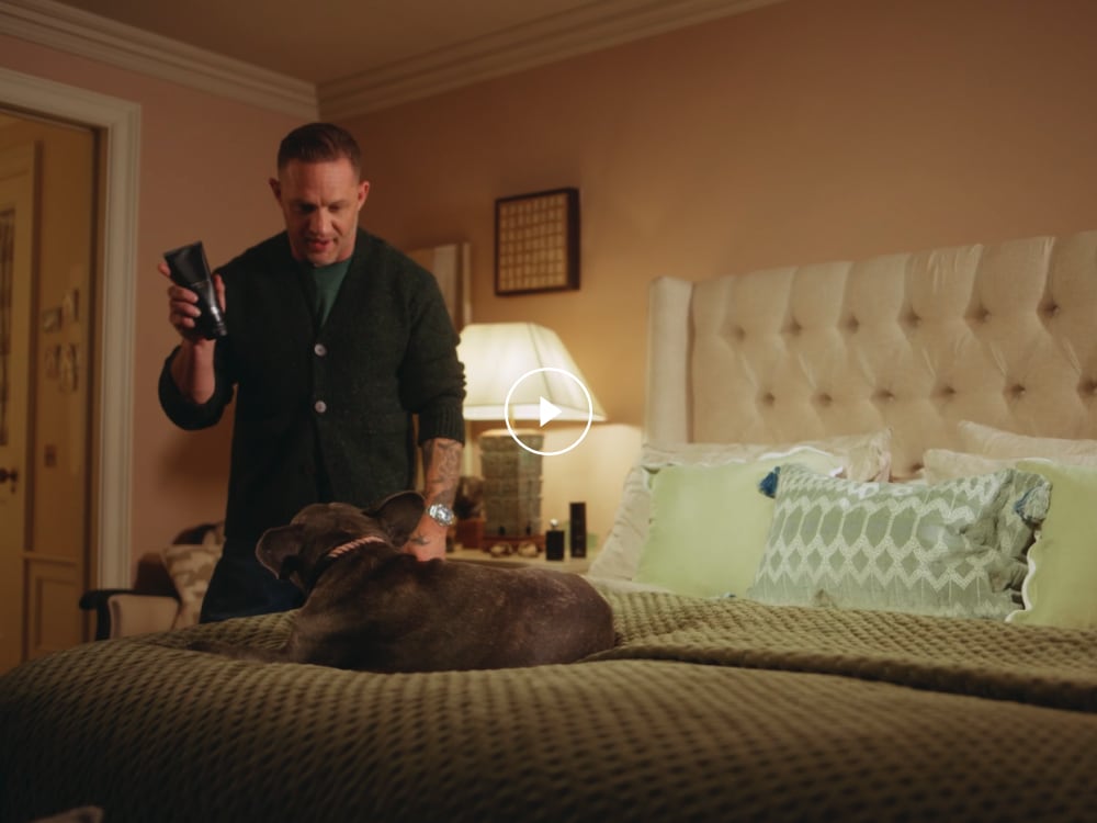 Tom Hardy Talking to a small dog about the new cypress & grapevine hair & body wash.. 